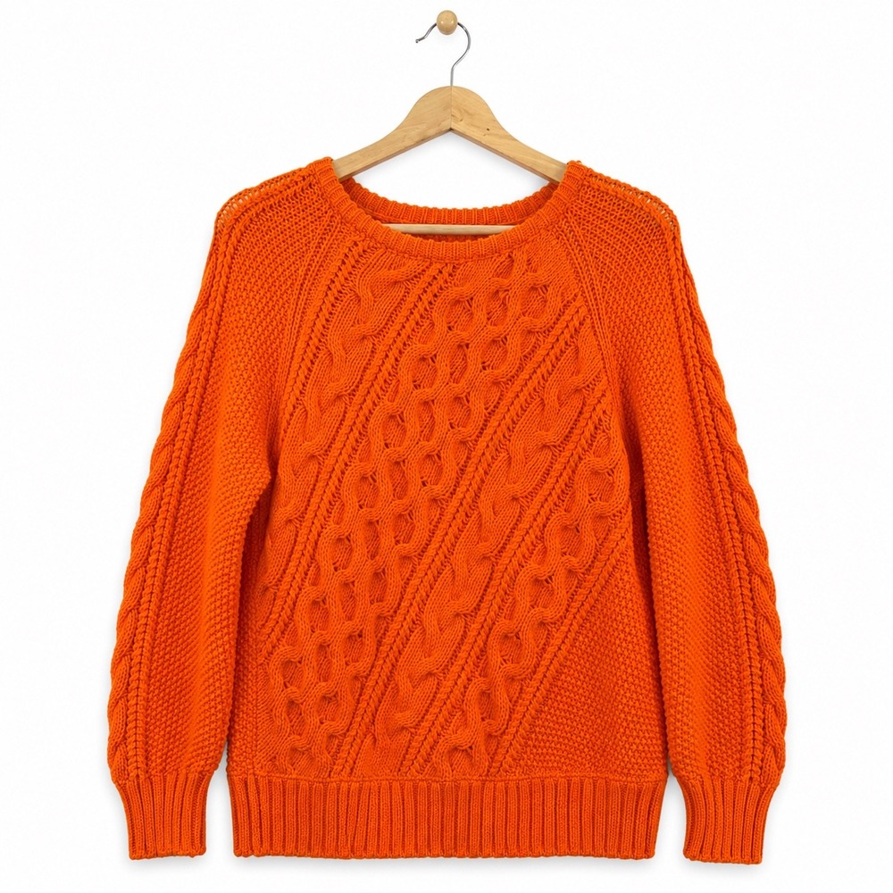 J.Crew Womens Orange Cable Knit Sweater Medium Chunky Cotton Blend Raglan Sleeve
